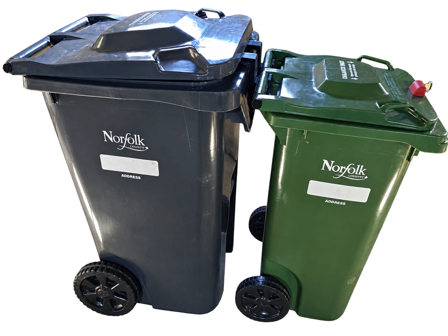 Grey and green bins connected by the BinBuddy hanger, with both wheels visible